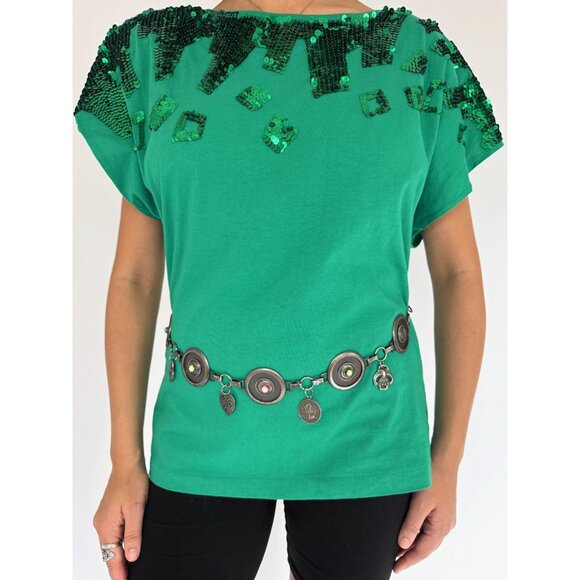 80s vintage green sequin embellished funky cotton short sleeved tee shirt large - Picture 7 of 10